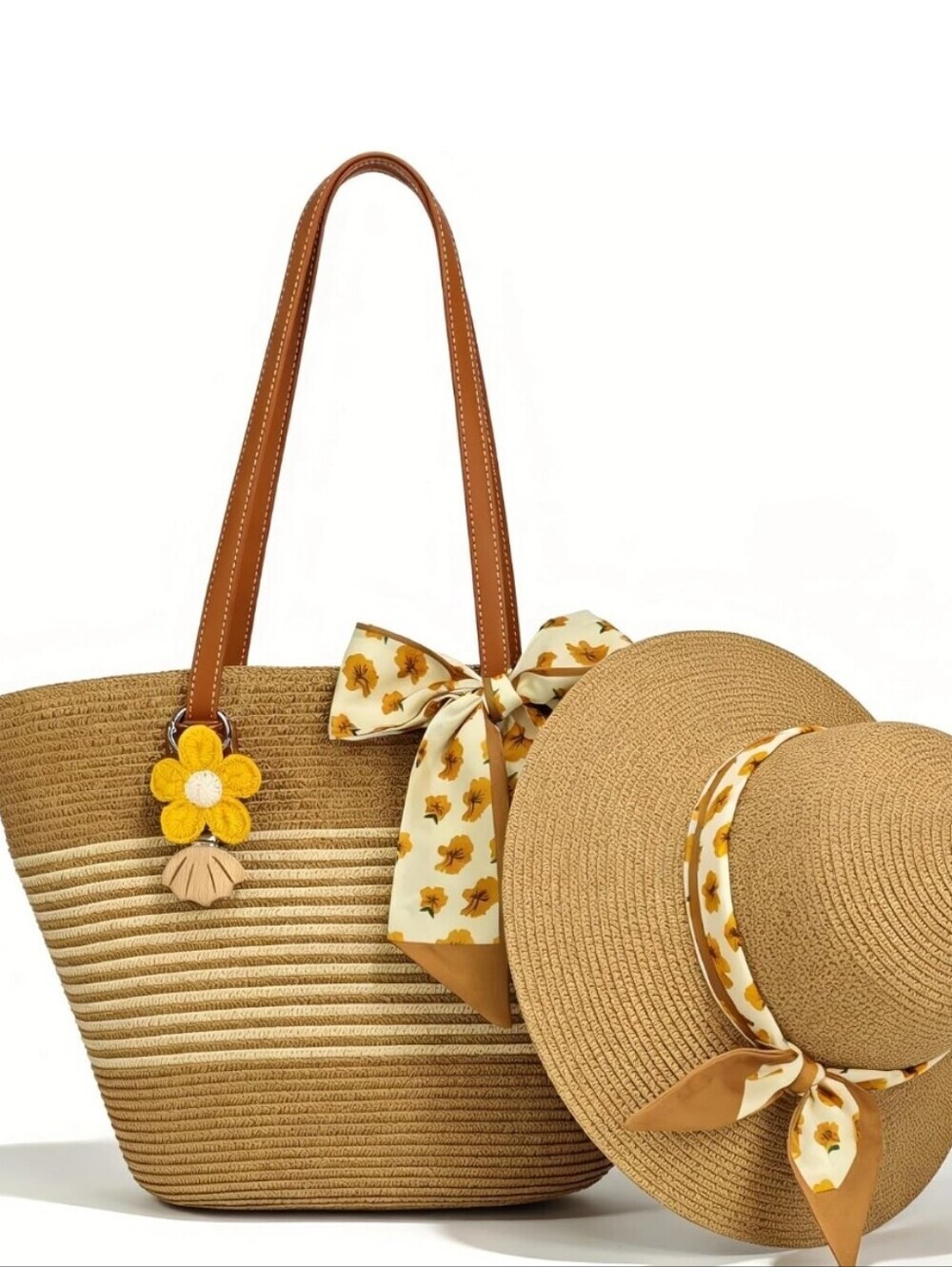 Straw Tote Bag in Tan with Yellow Flower Charm